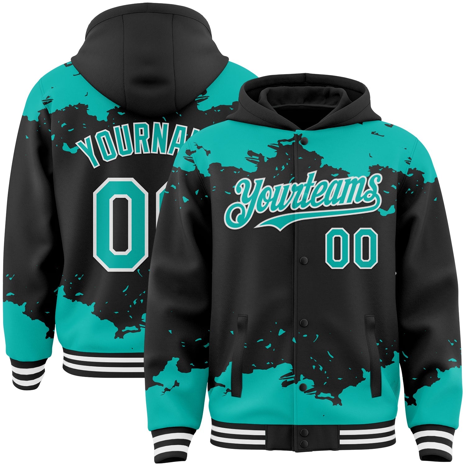 Custom Black Aqua-White Splash Art 3D Pattern Design Bomber Full-Snap Varsity Letterman Hoodie Jacket