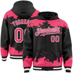 Custom Black Neon Pink-White Splash Art 3D Pattern Design Bomber Full-Snap Varsity Letterman Hoodie Jacket