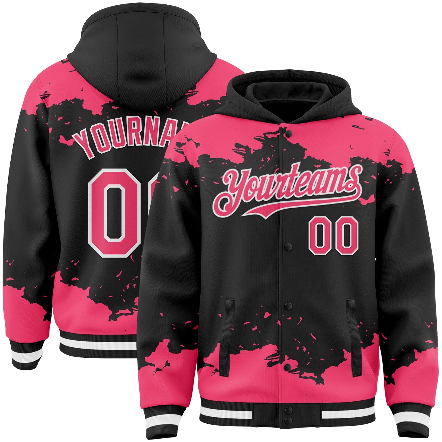 Custom Black Neon Pink-White Splash Art 3D Pattern Design Bomber Full-Snap Varsity Letterman Hoodie Jacket
