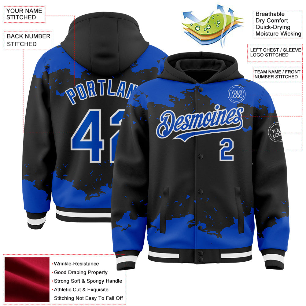 Custom Black Thunder Blue-White Splash Art 3D Pattern Design Bomber Full-Snap Varsity Letterman Hoodie Jacket