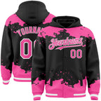 Custom Black Pink-White Splash Art 3D Pattern Design Bomber Full-Snap Varsity Letterman Hoodie Jacket