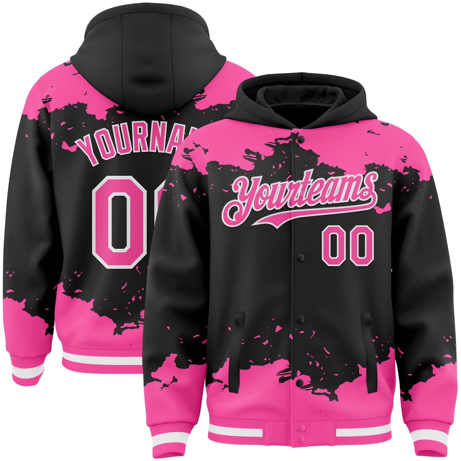 Custom Black Pink-White Splash Art 3D Pattern Design Bomber Full-Snap Varsity Letterman Hoodie Jacket