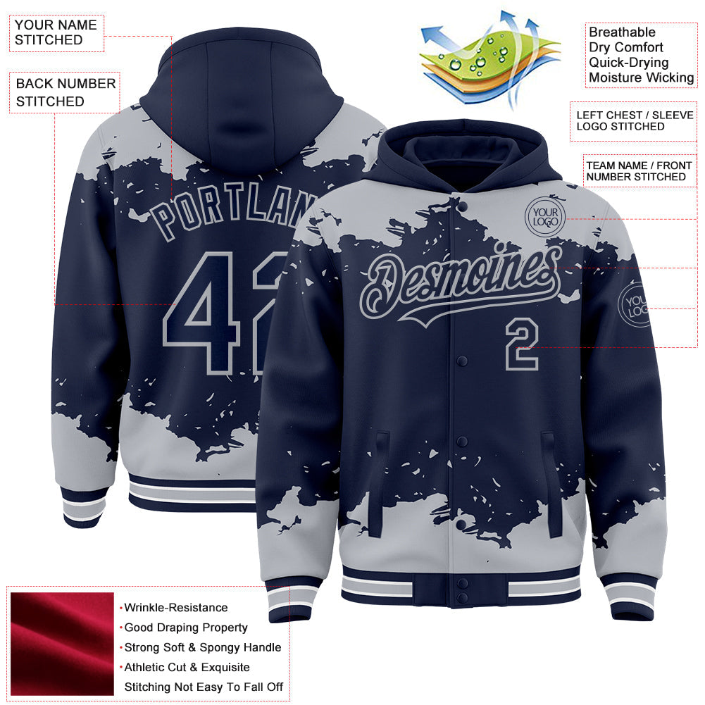 Custom Navy Gray-White Splash Art 3D Pattern Design Bomber Full-Snap Varsity Letterman Hoodie Jacket