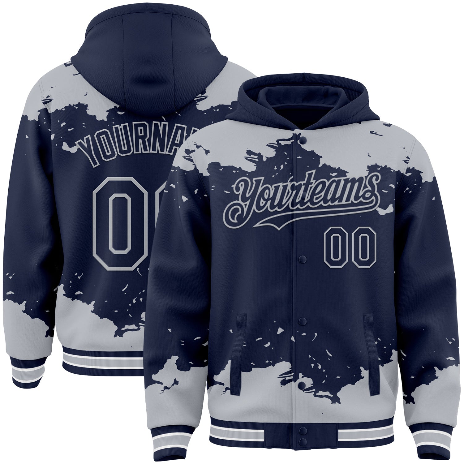 Custom Navy Gray-White Splash Art 3D Pattern Design Bomber Full-Snap Varsity Letterman Hoodie Jacket