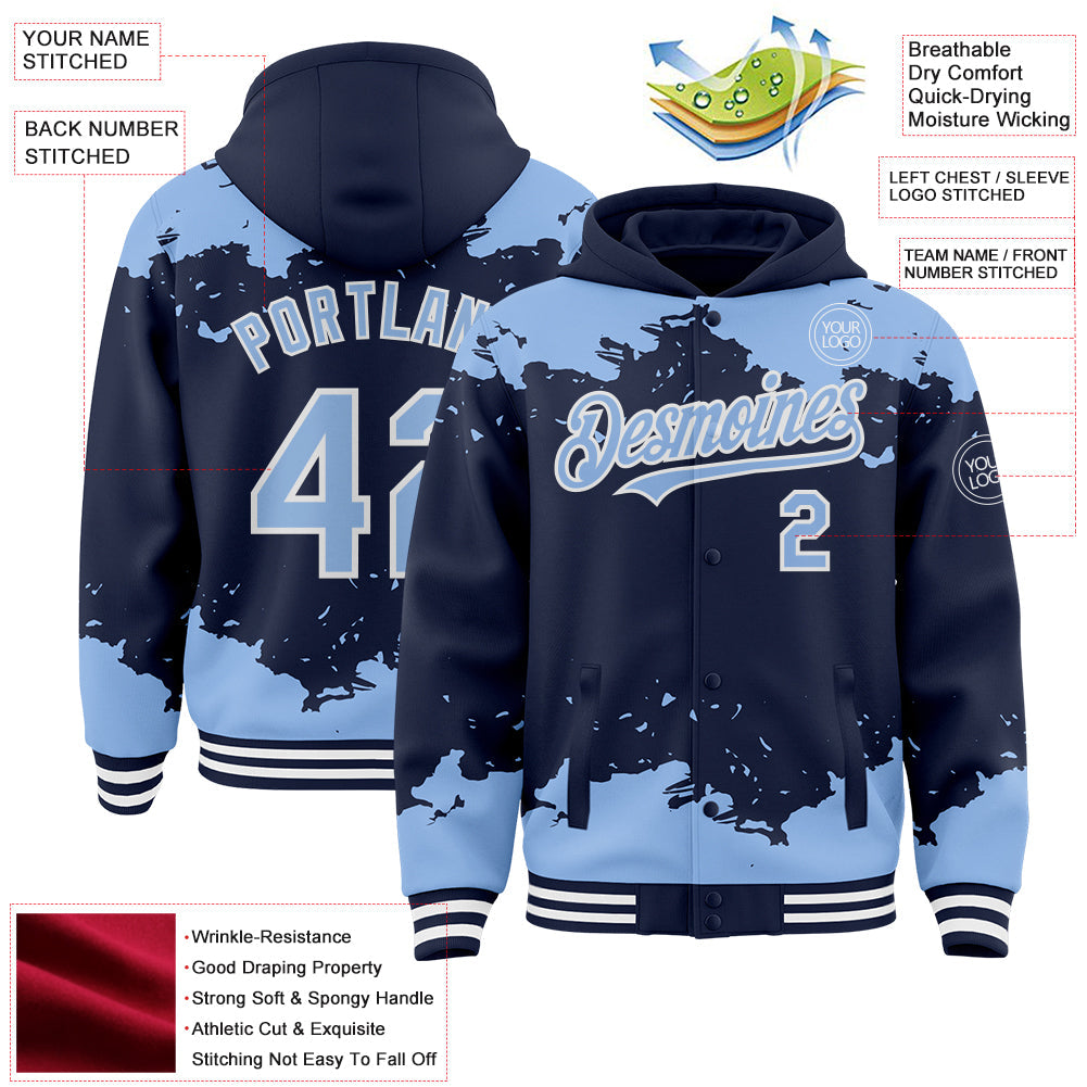 Custom Navy Light Blue-White Splash Art 3D Pattern Design Bomber Full-Snap Varsity Letterman Hoodie Jacket