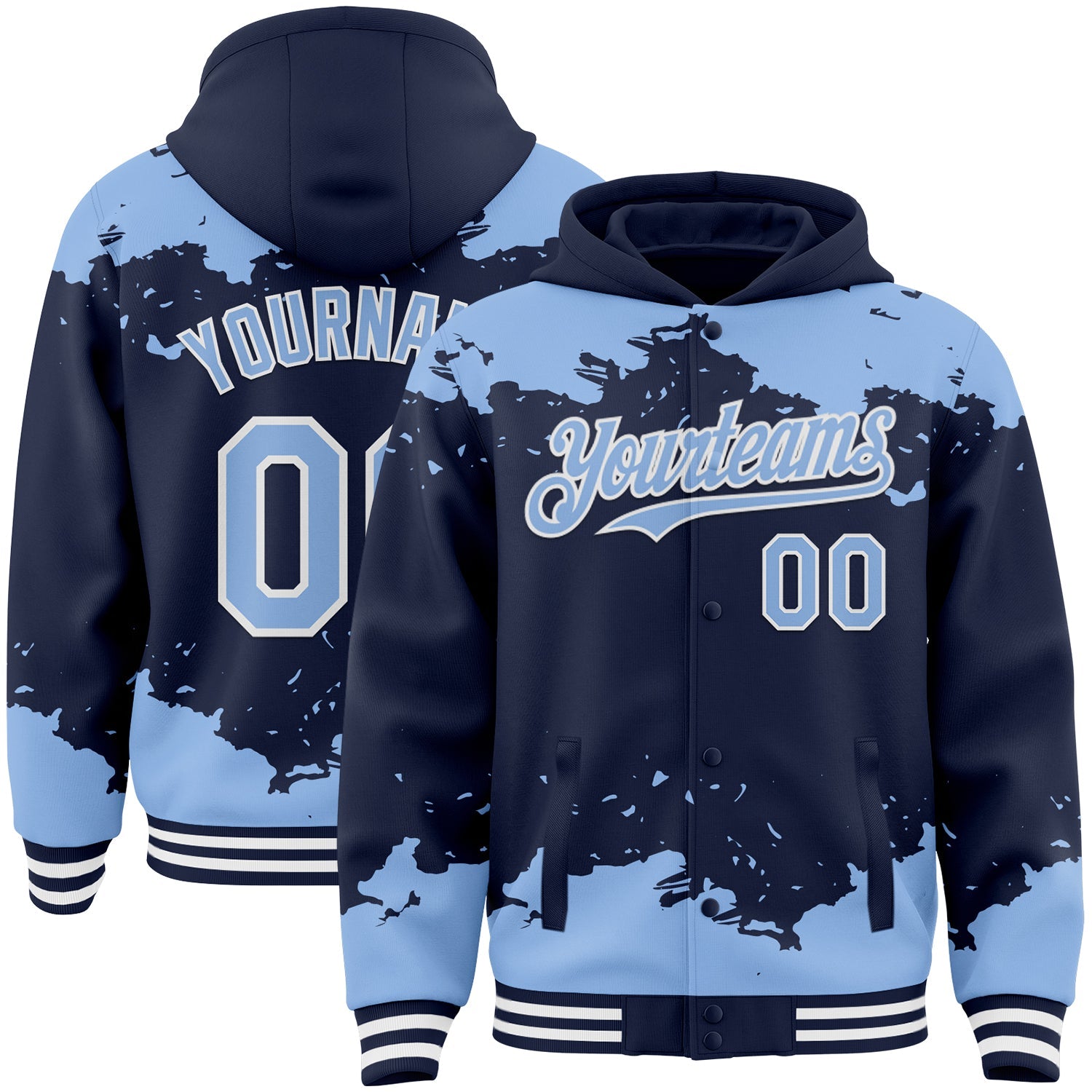 Custom Navy Light Blue-White Splash Art 3D Pattern Design Bomber Full-Snap Varsity Letterman Hoodie Jacket
