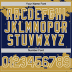 Custom Navy Old Gold-White Splash Art 3D Pattern Design Bomber Full-Snap Varsity Letterman Hoodie Jacket