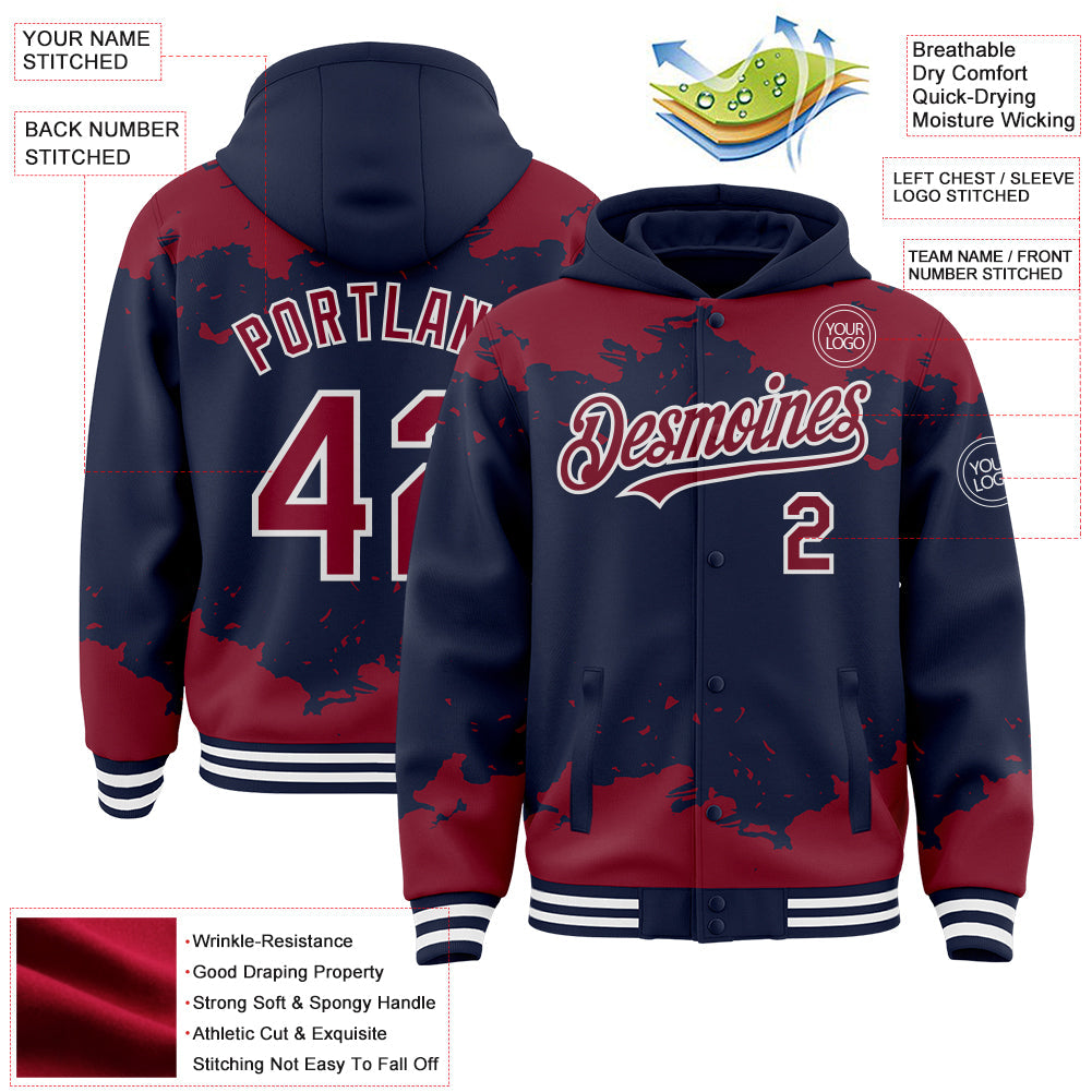 Custom Navy Crimson-White Splash Art 3D Pattern Design Bomber Full-Snap Varsity Letterman Hoodie Jacket