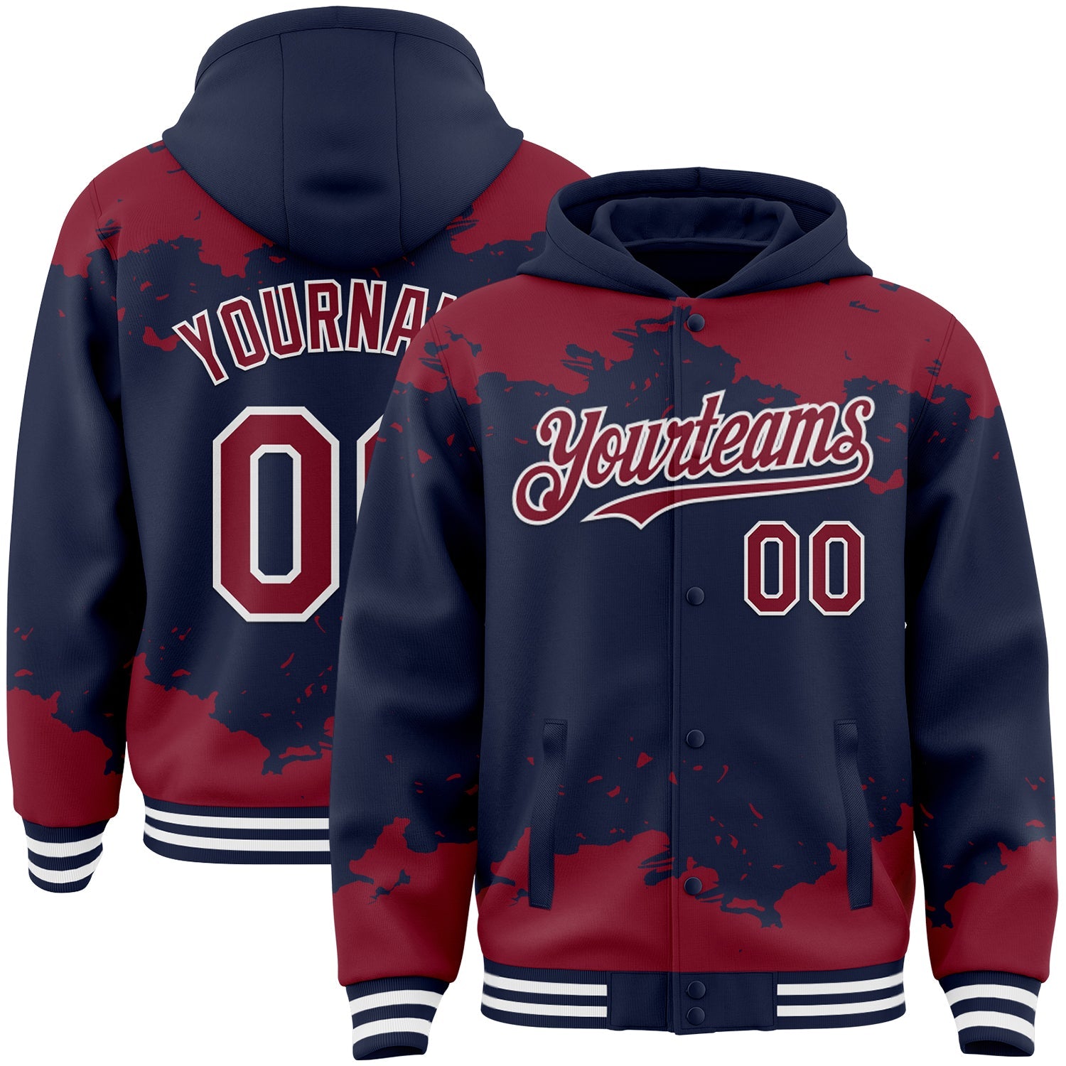 Custom Navy Crimson-White Splash Art 3D Pattern Design Bomber Full-Snap Varsity Letterman Hoodie Jacket