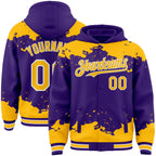 Custom Purple Gold-White Splash Art 3D Pattern Design Bomber Full-Snap Varsity Letterman Hoodie Jacket