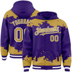 Custom Purple Old Gold-White Splash Art 3D Pattern Design Bomber Full-Snap Varsity Letterman Hoodie Jacket