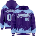 Custom Purple Light Blue-White Splash Art 3D Pattern Design Bomber Full-Snap Varsity Letterman Hoodie Jacket