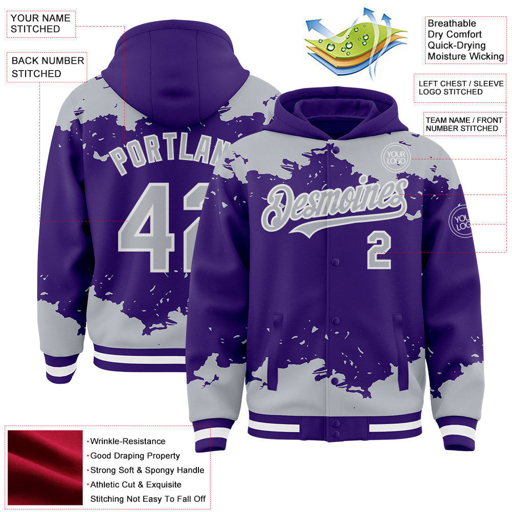 Custom Purple Gray-White Splash Art 3D Pattern Design Bomber Full-Snap Varsity Letterman Hoodie Jacket