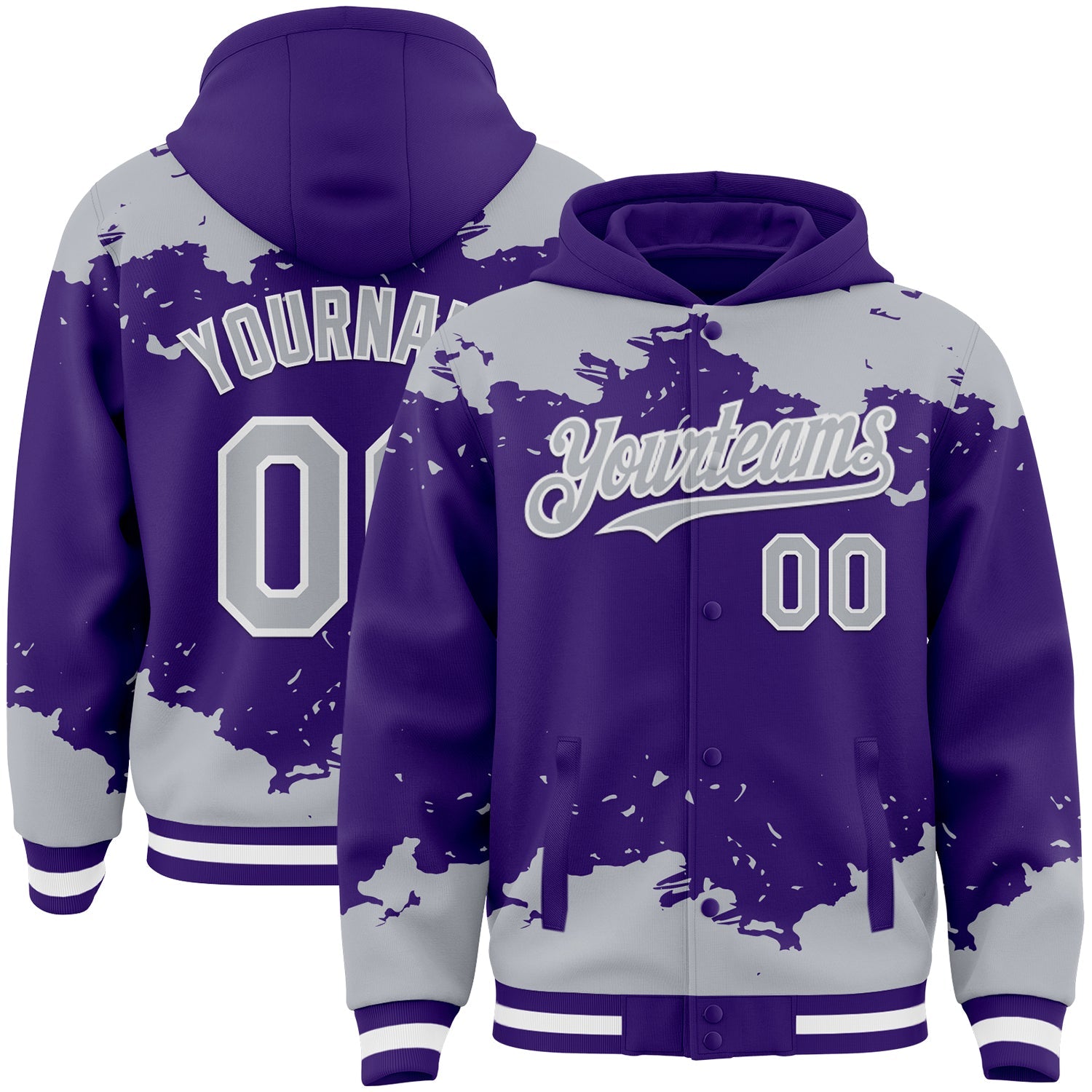 Custom Purple Gray-White Splash Art 3D Pattern Design Bomber Full-Snap Varsity Letterman Hoodie Jacket