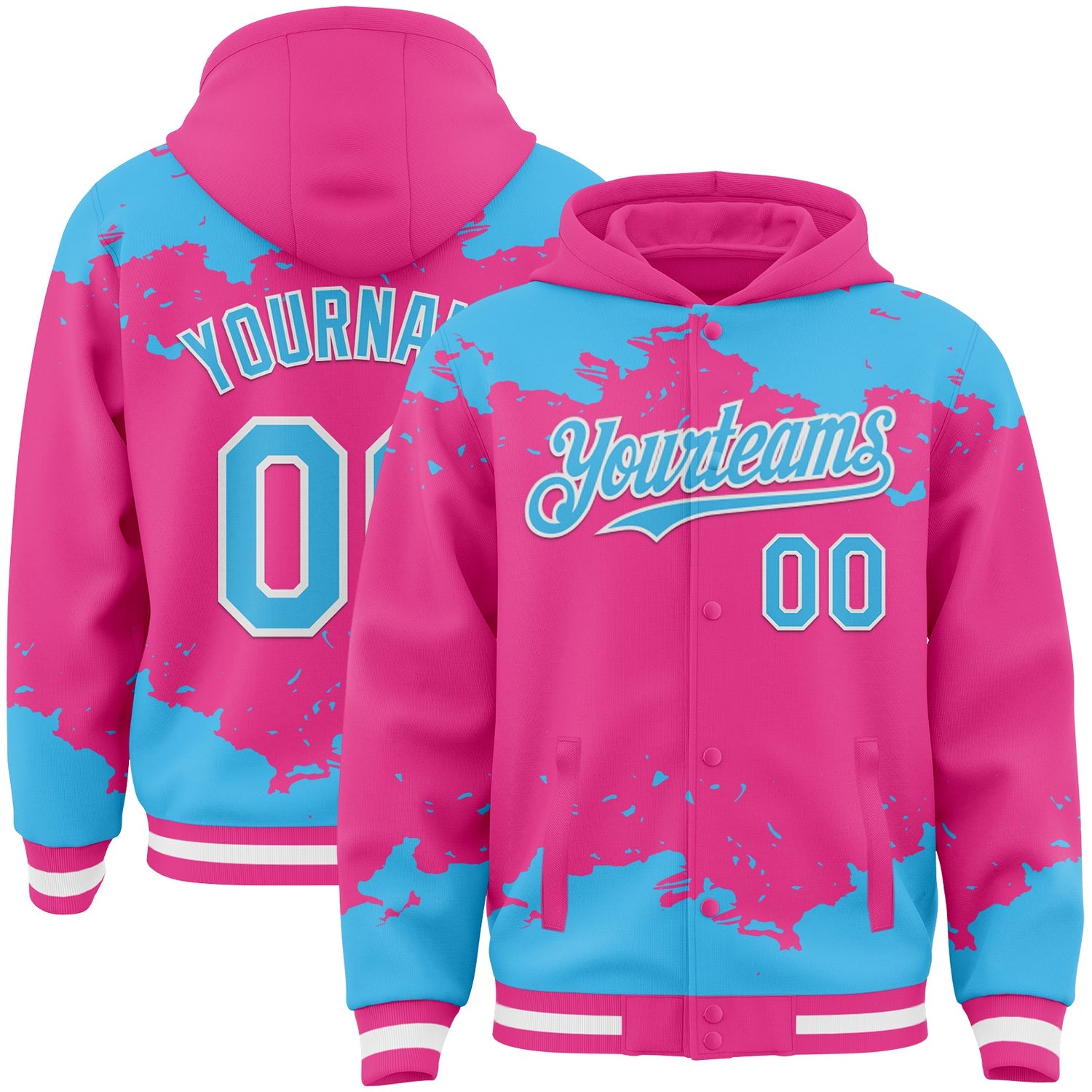 Custom Pink Sky Blue-White Splash Art 3D Pattern Design Bomber Full-Snap Varsity Letterman Hoodie Jacket