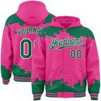 Custom Pink Kelly Green-White Splash Art 3D Pattern Design Bomber Full-Snap Varsity Letterman Hoodie Jacket