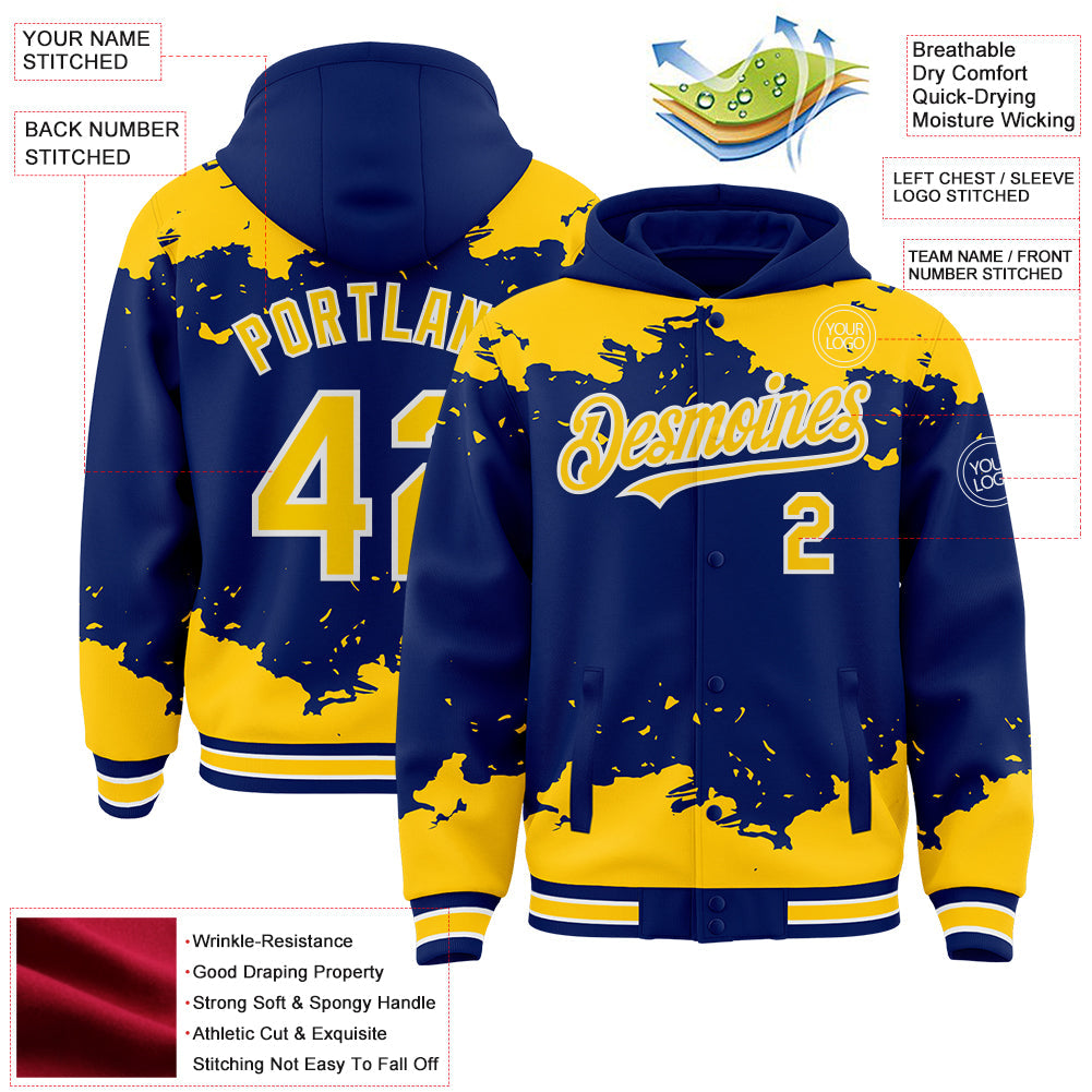 Custom Royal Yellow-White Splash Art 3D Pattern Design Bomber Full-Snap Varsity Letterman Hoodie Jacket