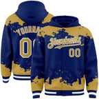 Custom Royal Old Gold-White Splash Art 3D Pattern Design Bomber Full-Snap Varsity Letterman Hoodie Jacket