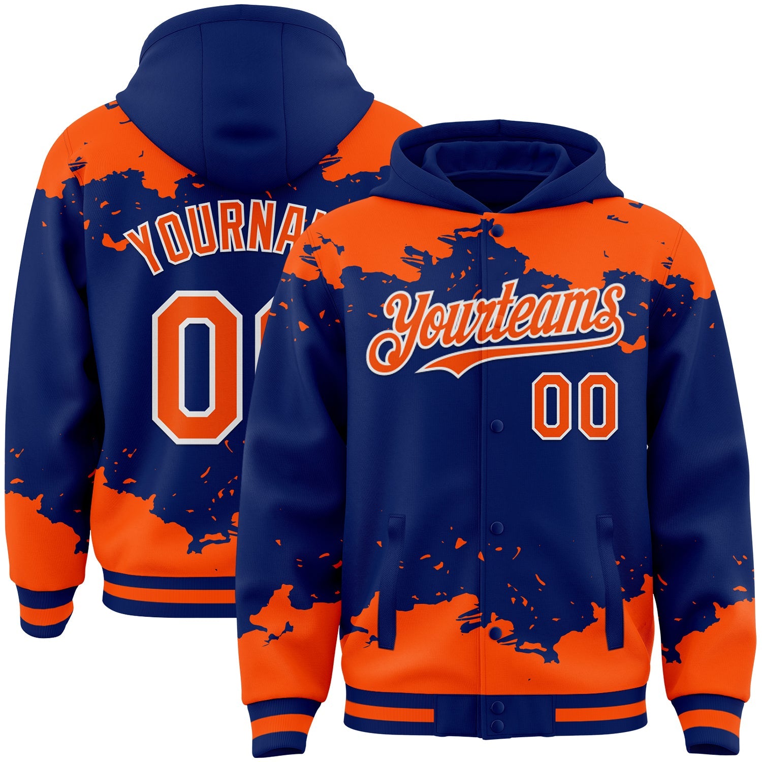 Custom Royal Orange-White Splash Art 3D Pattern Design Bomber Full-Snap Varsity Letterman Hoodie Jacket