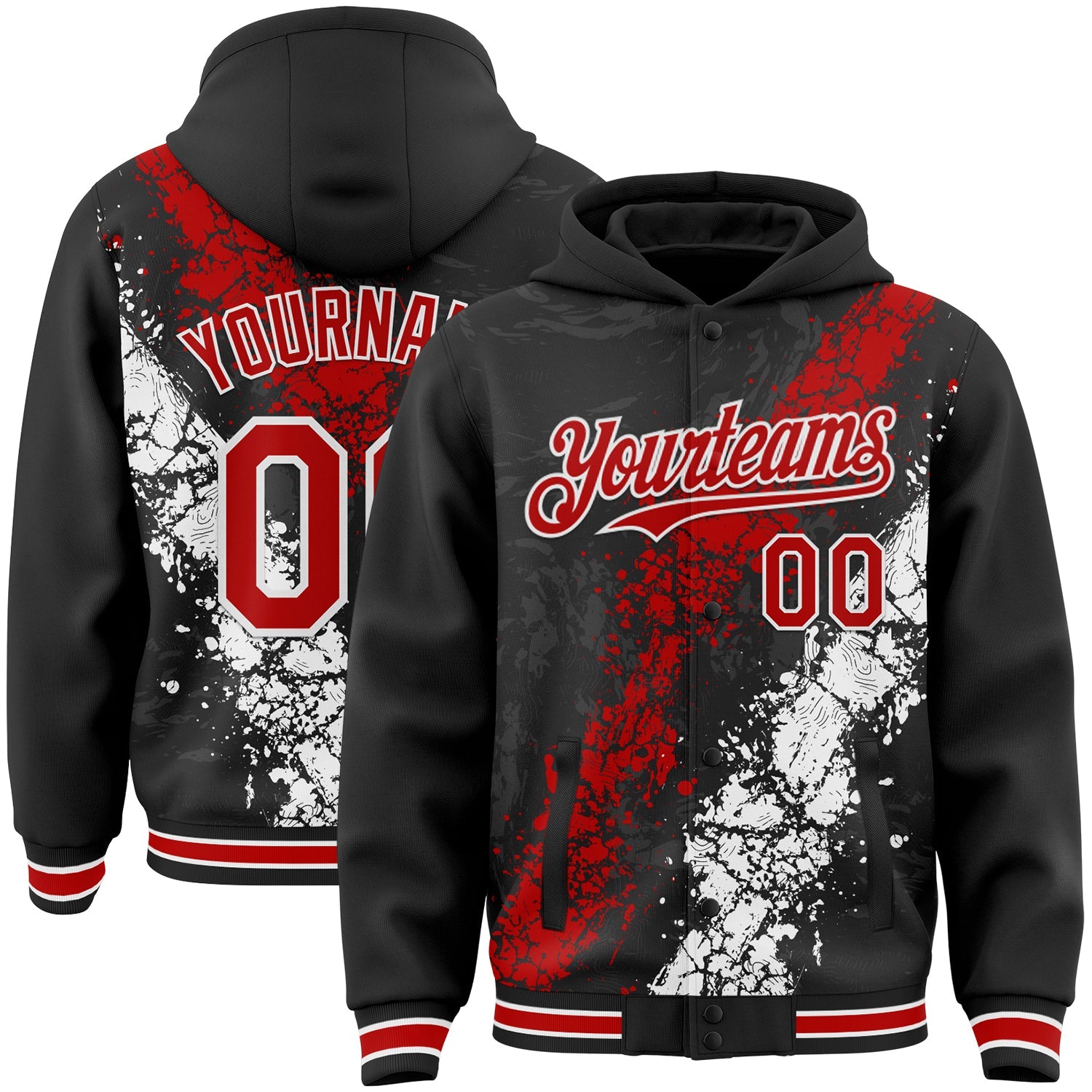 Custom Black Red-White Splash Art 3D Pattern Design Bomber Full-Snap Varsity Letterman Hoodie Jacket