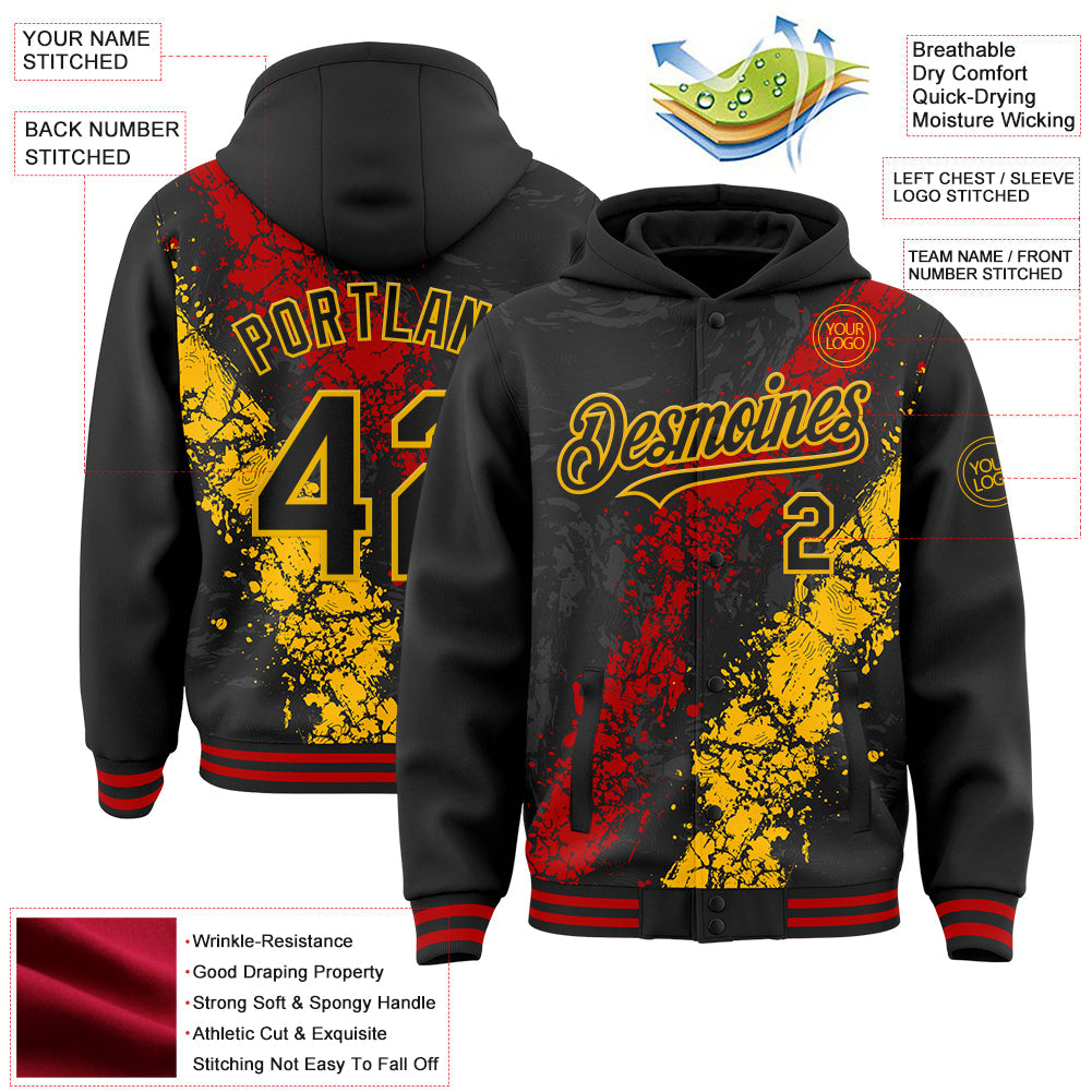 Custom Black Red-Gold Splash Art 3D Pattern Design Bomber Full-Snap Varsity Letterman Hoodie Jacket
