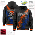 Custom Black Orange Royal-White Splash Art 3D Pattern Design Bomber Full-Snap Varsity Letterman Hoodie Jacket