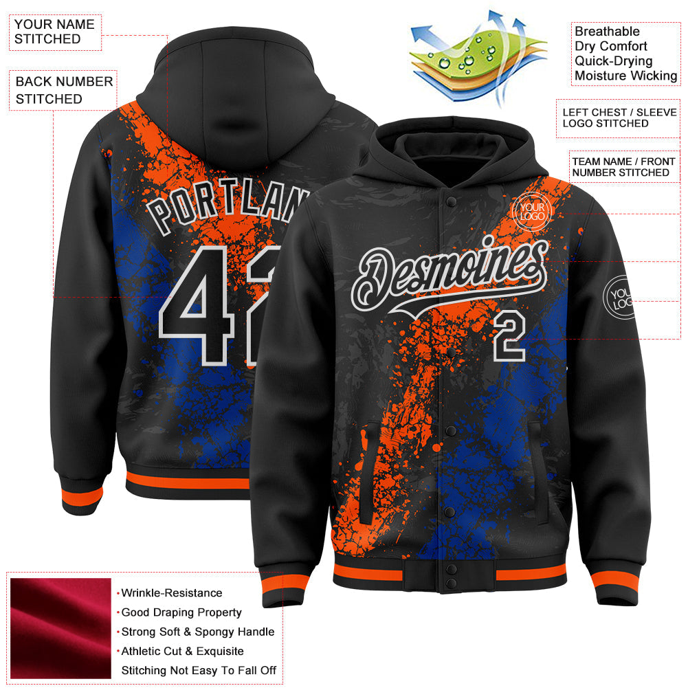 Custom Black Orange Royal-White Splash Art 3D Pattern Design Bomber Full-Snap Varsity Letterman Hoodie Jacket