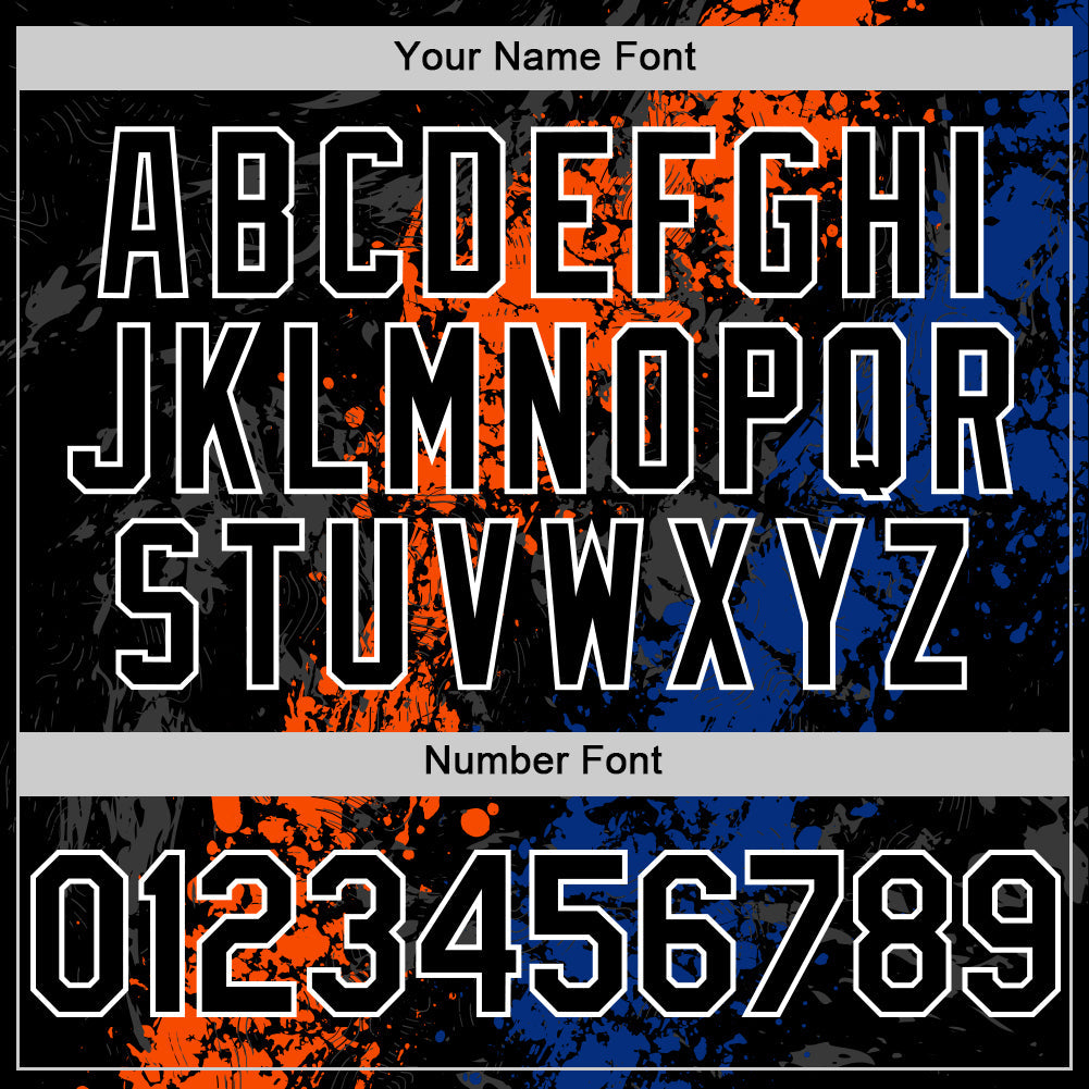 Custom Black Orange Royal-White Splash Art 3D Pattern Design Bomber Full-Snap Varsity Letterman Hoodie Jacket