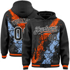 Custom Black Orange Light Blue-White Splash Art 3D Pattern Design Bomber Full-Snap Varsity Letterman Hoodie Jacket