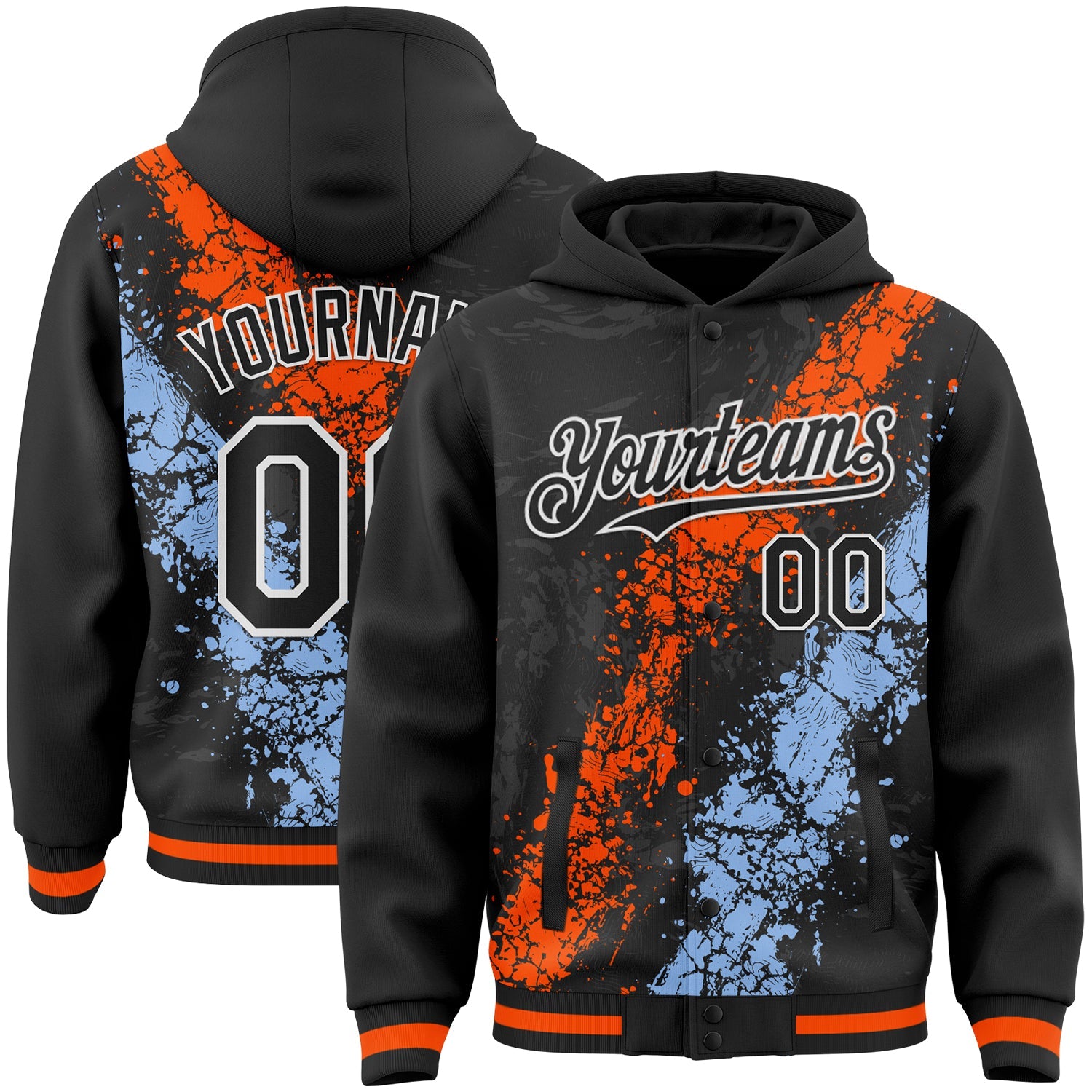 Custom Black Orange Light Blue-White Splash Art 3D Pattern Design Bomber Full-Snap Varsity Letterman Hoodie Jacket