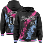 Custom Black Pink Light Blue-White Splash Art 3D Pattern Design Bomber Full-Snap Varsity Letterman Hoodie Jacket