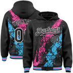 Custom Black Pink Sky Blue-White Splash Art 3D Pattern Design Bomber Full-Snap Varsity Letterman Hoodie Jacket