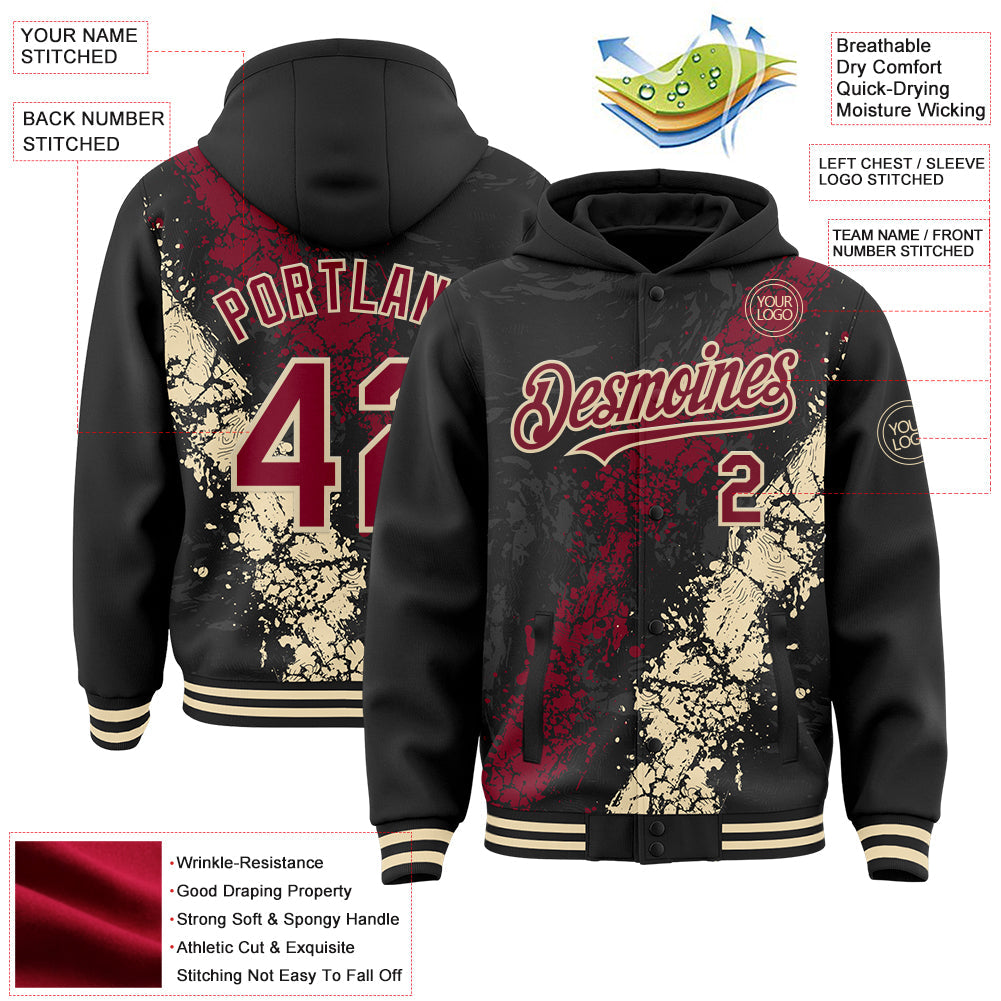 Custom Black Crimson-Cream Splash Art 3D Pattern Design Bomber Full-Snap Varsity Letterman Hoodie Jacket
