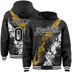 Custom Black Old Gold-White Splash Art 3D Pattern Design Bomber Full-Snap Varsity Letterman Hoodie Jacket
