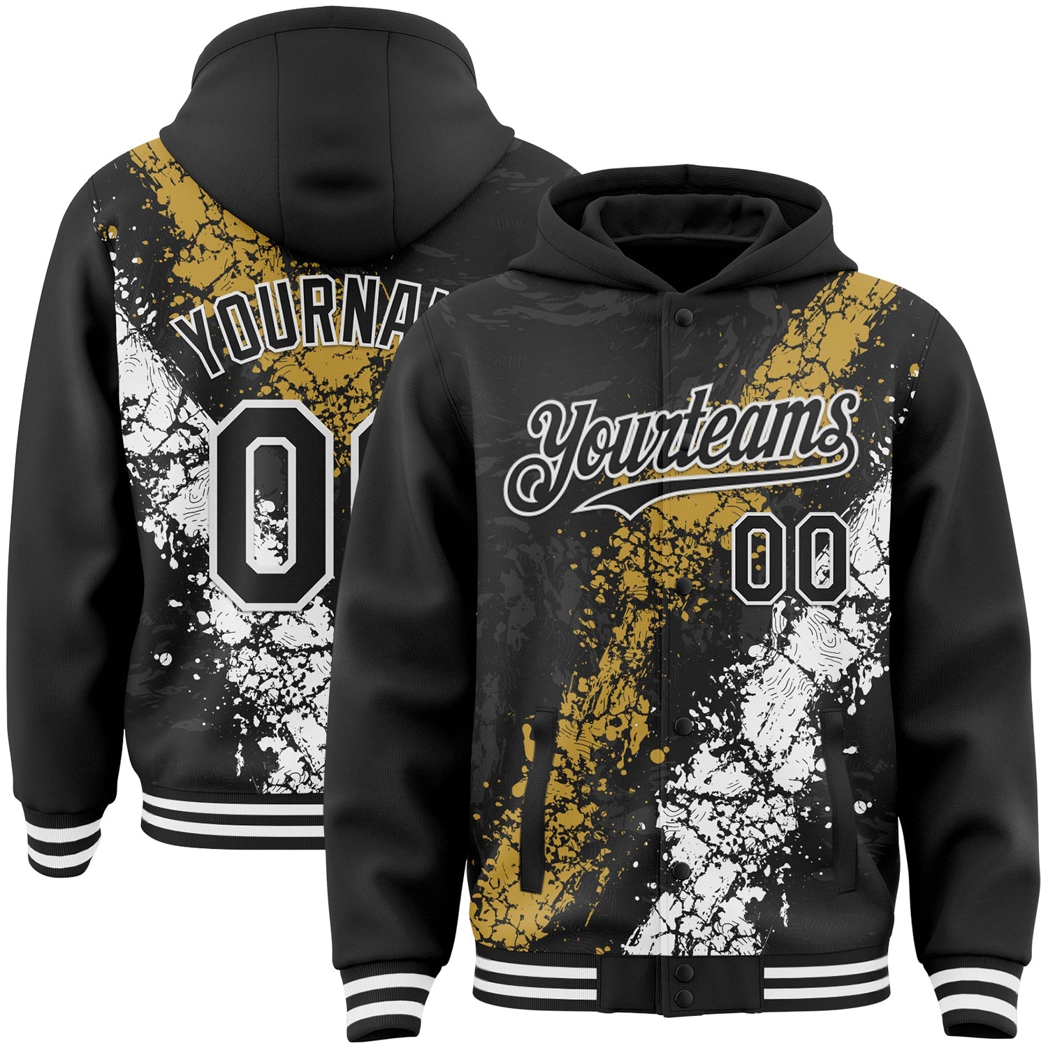 Custom Black Old Gold-White Splash Art 3D Pattern Design Bomber Full-Snap Varsity Letterman Hoodie Jacket