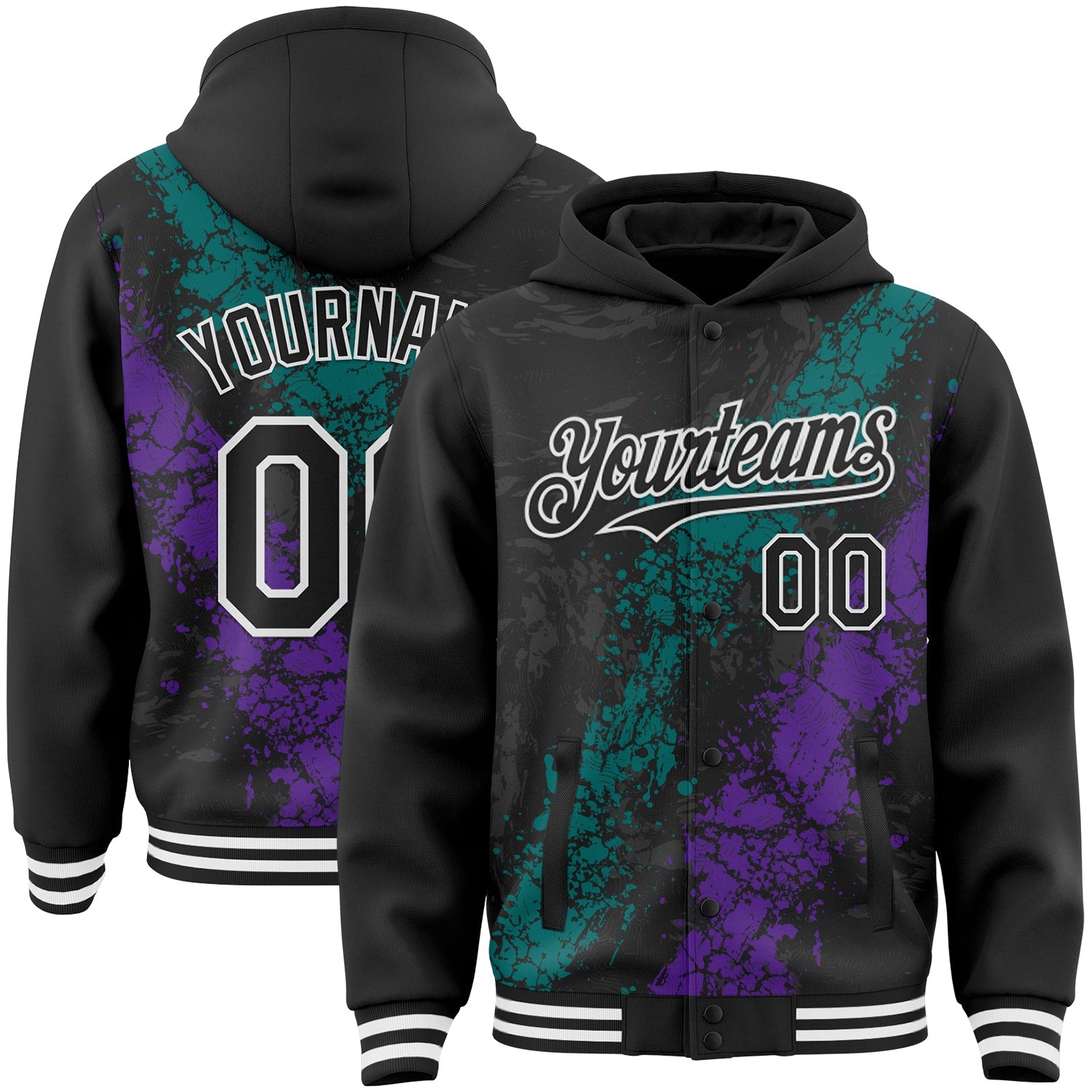 Custom Black Teal Purple-White Splash Art 3D Pattern Design Bomber Full-Snap Varsity Letterman Hoodie Jacket
