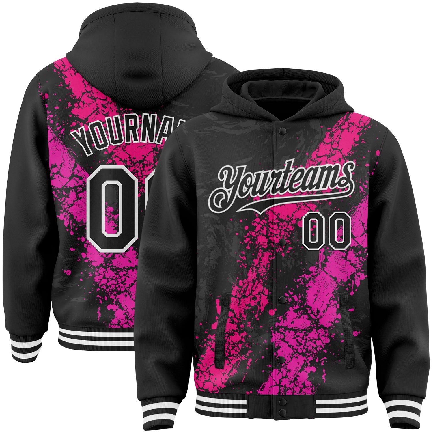 Custom Black Hot Pink Deep Pink-White Splash Art 3D Pattern Design Bomber Full-Snap Varsity Letterman Hoodie Jacket