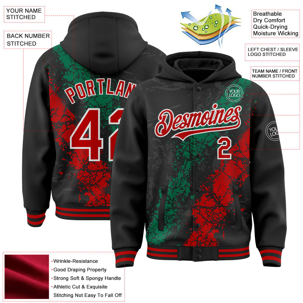 Custom Black Red Kelly Green-White Splash Art 3D Pattern Design Bomber Full-Snap Varsity Letterman Hoodie Jacket