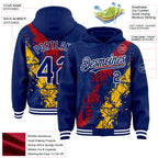 Custom Royal Red Gold-White Splash Art 3D Pattern Design Bomber Full-Snap Varsity Letterman Hoodie Jacket