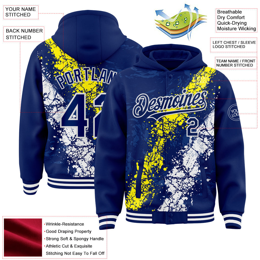 Custom Royal Light Yellow-White Splash Art 3D Pattern Design Bomber Full-Snap Varsity Letterman Hoodie Jacket
