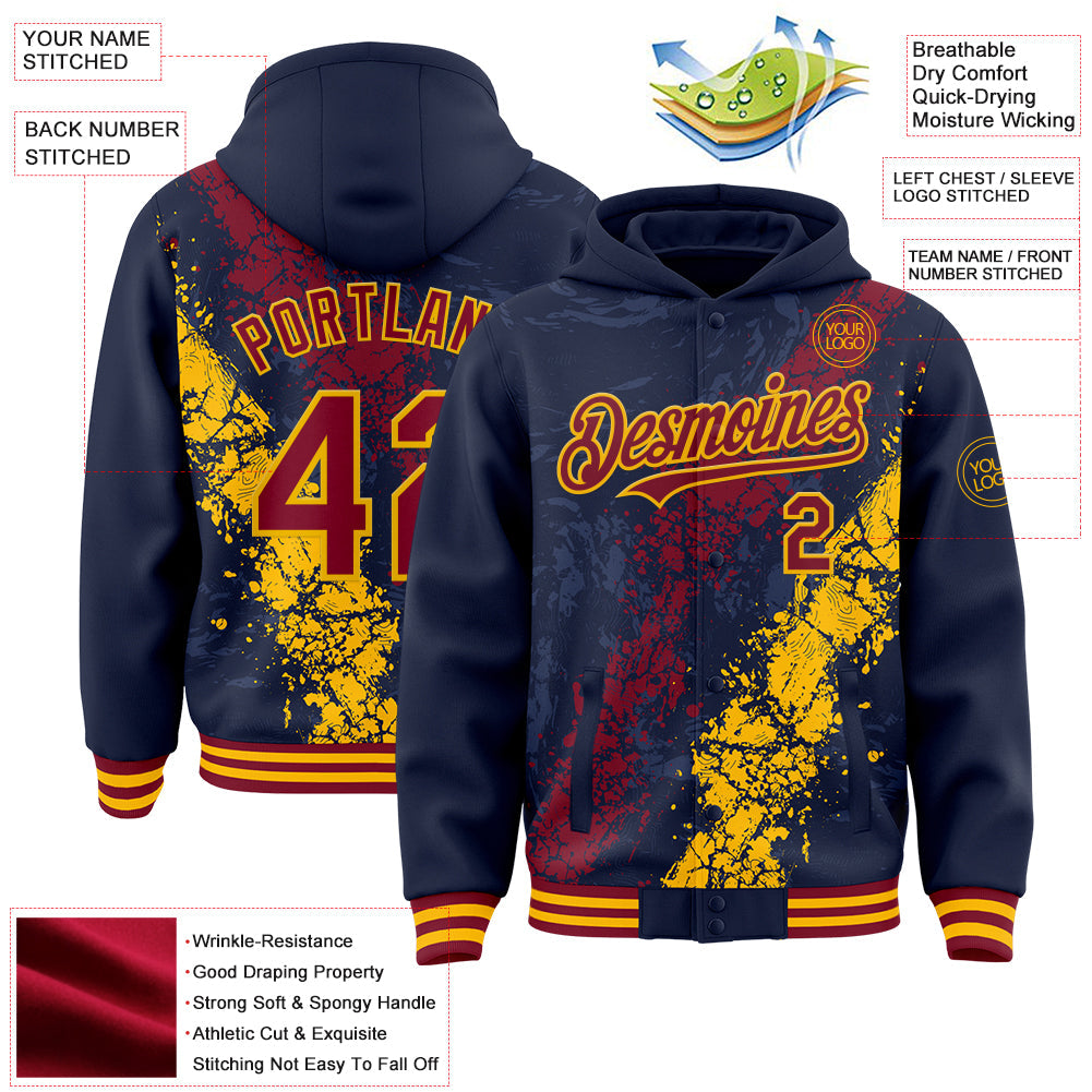 Custom Navy Crimson-Gold Splash Art 3D Pattern Design Bomber Full-Snap Varsity Letterman Hoodie Jacket