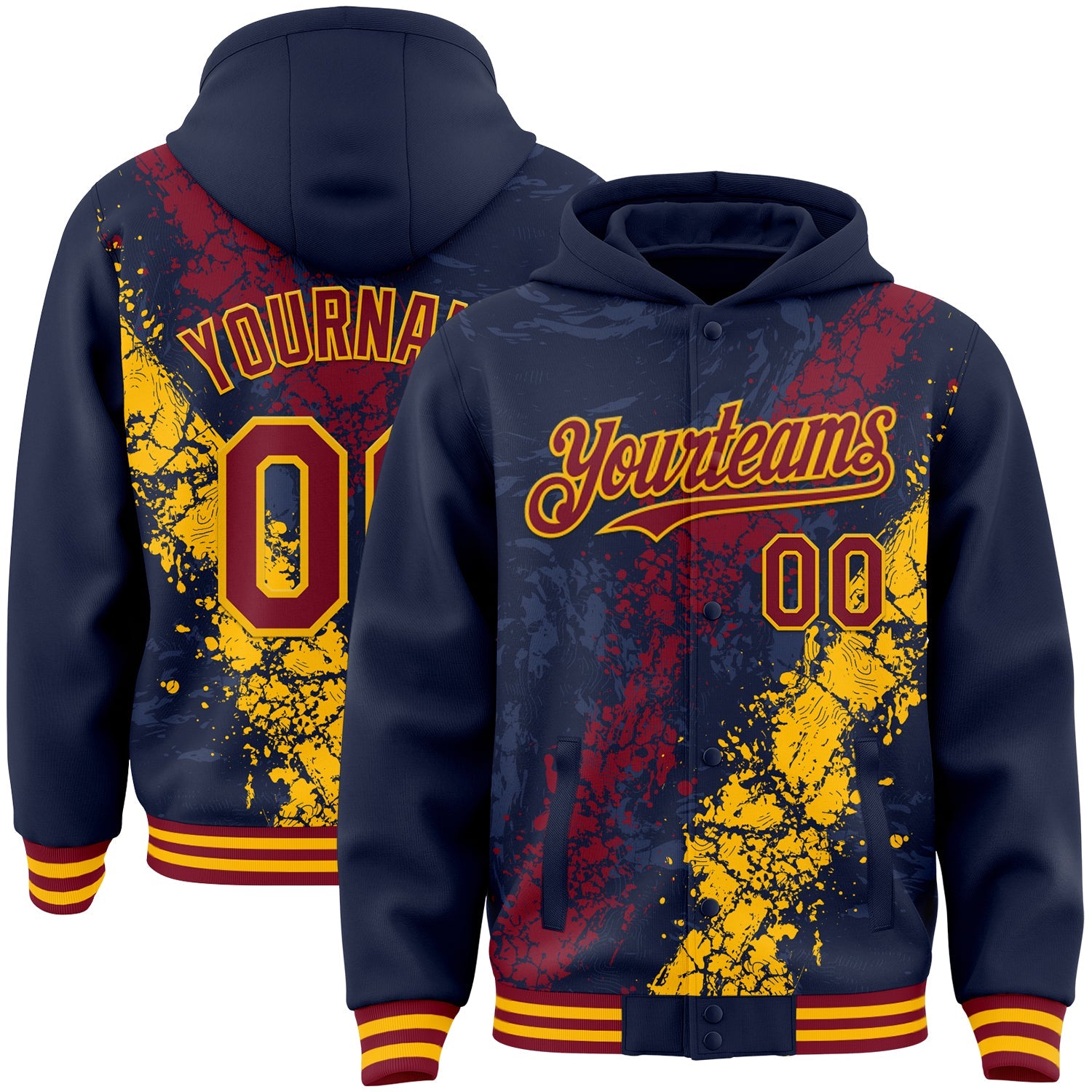 Custom Navy Crimson-Gold Splash Art 3D Pattern Design Bomber Full-Snap Varsity Letterman Hoodie Jacket