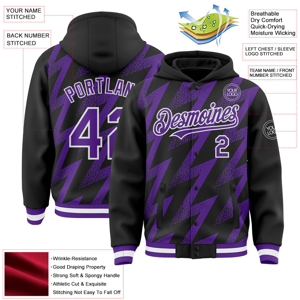 Custom Black Purple-White Zigzag Shape 3D Pattern Design Bomber Full-Snap Varsity Letterman Hoodie Jacket