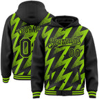 Custom Black Neon Green Zigzag Shape 3D Pattern Design Bomber Full-Snap Varsity Letterman Hoodie Jacket