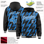 Custom Black Powder Blue-White Zigzag Shape 3D Pattern Design Bomber Full-Snap Varsity Letterman Hoodie Jacket