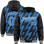 Custom Black Powder Blue-White Zigzag Shape 3D Pattern Design Bomber Full-Snap Varsity Letterman Hoodie Jacket