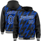 Custom Black Thunder Blue-White Zigzag Shape 3D Pattern Design Bomber Full-Snap Varsity Letterman Hoodie Jacket
