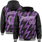 Custom Black Medium Purple-White Zigzag Shape 3D Pattern Design Bomber Full-Snap Varsity Letterman Hoodie Jacket