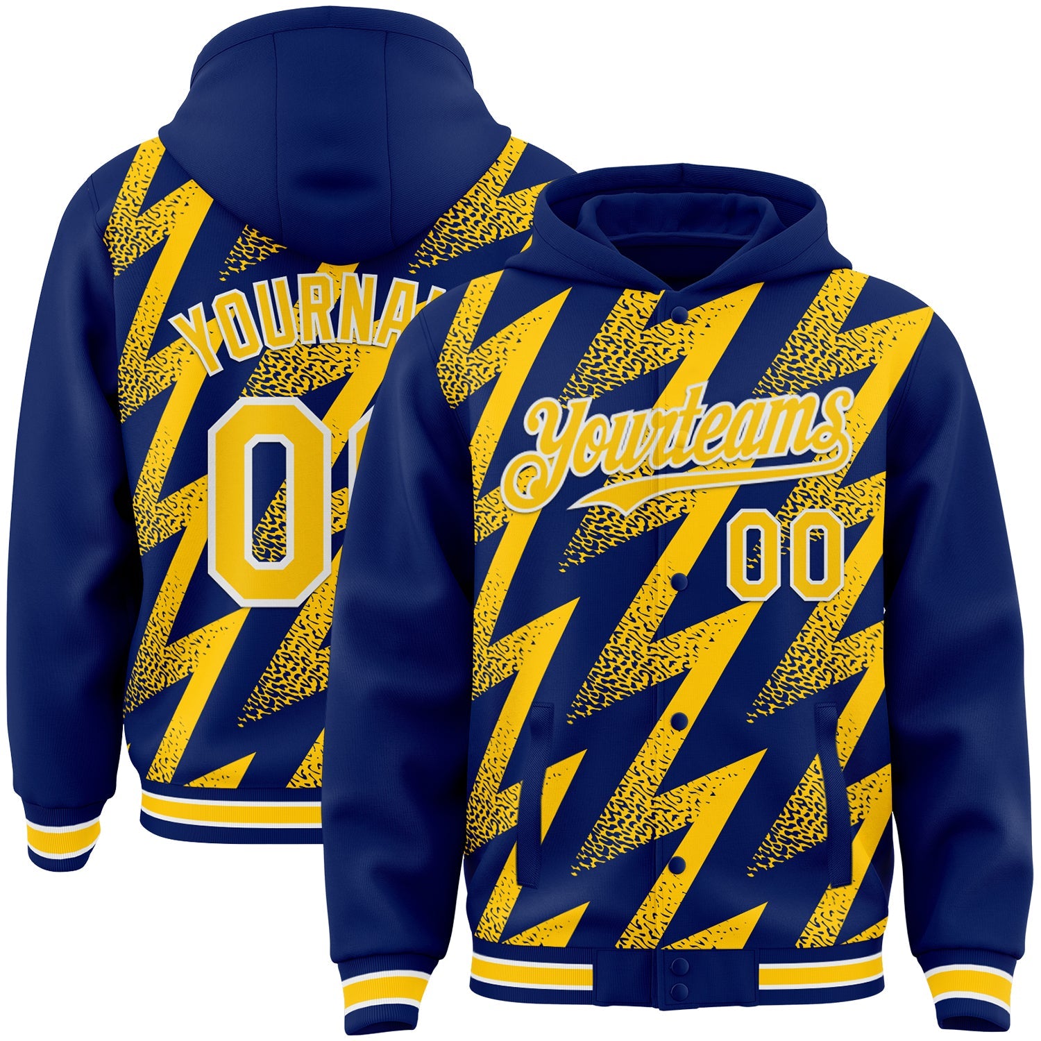 Custom Royal Yellow-White Zigzag Shape 3D Pattern Design Bomber Full-Snap Varsity Letterman Hoodie Jacket