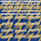 Custom Royal Old Gold-White Zigzag Shape 3D Pattern Design Bomber Full-Snap Varsity Letterman Hoodie Jacket